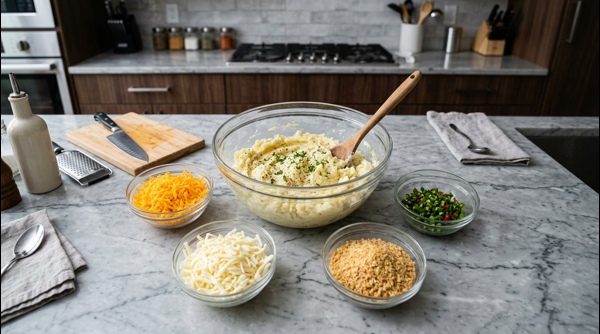 A person mixing cheese and potatoes in a glass bowl on a clean kitchen counter