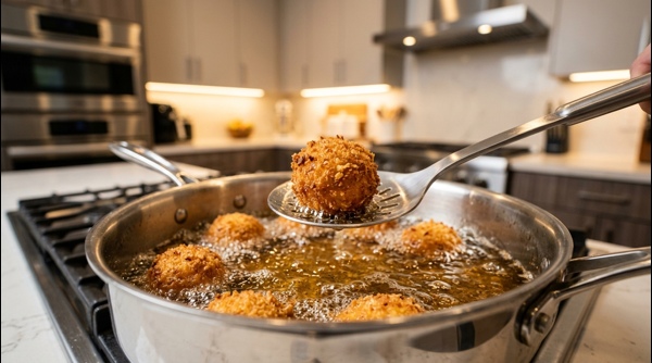 A close up of crispy golden cheese balls garnished with parsley on a modern plate