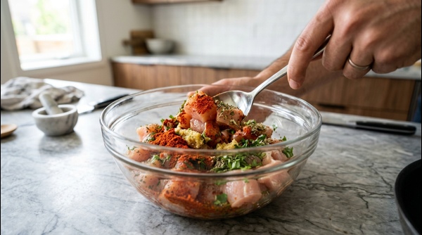 Marinated chicken cubes with red spices in a glass bowl
