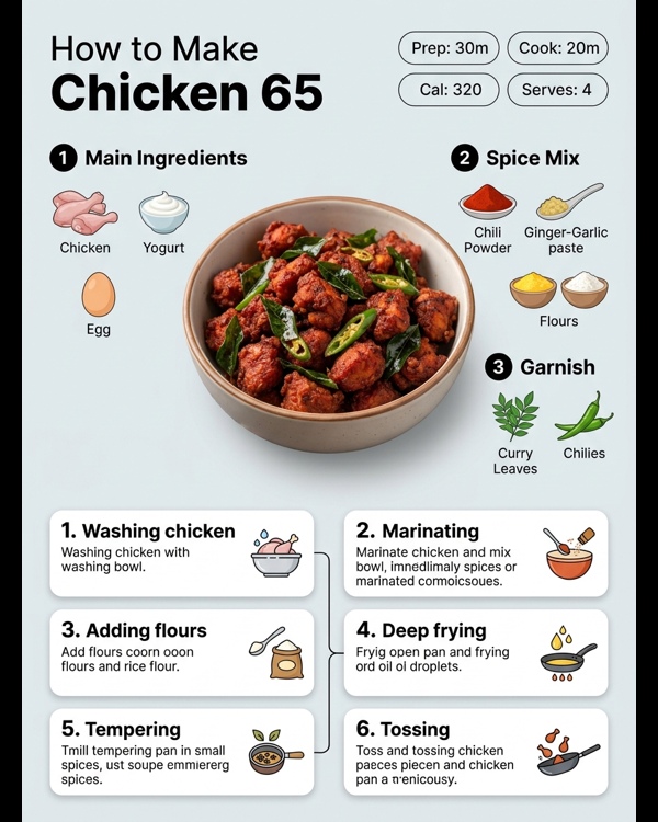 Crispy bright red Chicken 65 garnished with curry leaves and green chilies