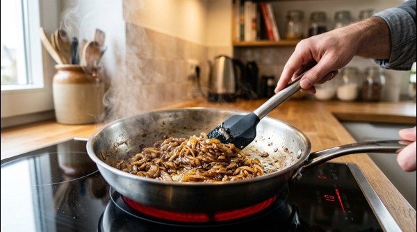 Finished chicken gravy in a stainless steel pan on a modern cooktop Finished chicken gravy in a stainless steel pan on a modern cooktop