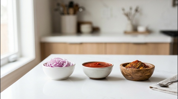 Chopped onions and spices arranged neatly on a modern quartz countertop Chopped onions and spices arranged neatly on a modern quartz countertop