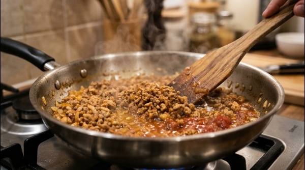 The final chicken keema dish simmering in a pan with oil separating at the edges