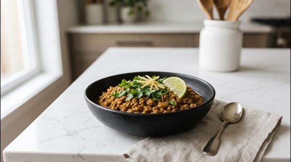 A steaming bowl of spicy chicken keema garnished with fresh coriander and ginger