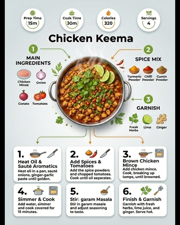A steaming bowl of spicy chicken keema garnished with fresh coriander and ginger