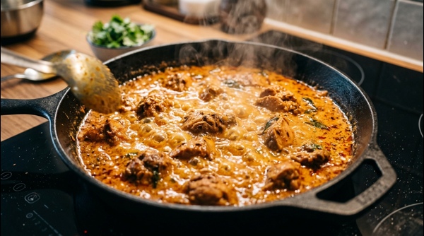 Final plated Chicken Korma with ginger garnishes and herbs