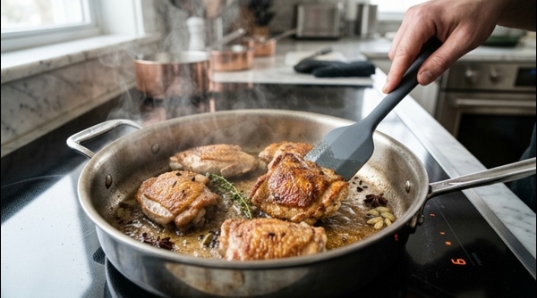 Plated chicken korma with a garnish of ginger and cilantro on a marble table
