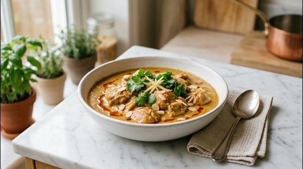 Rich and creamy Mughlai chicken korma garnished with ginger and cilantro