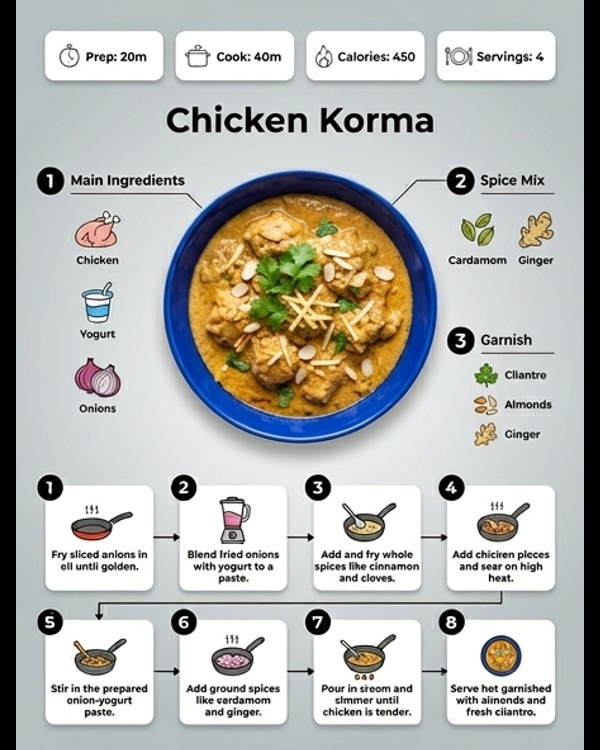 Rich and creamy Mughlai chicken korma garnished with ginger and cilantro