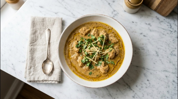 Restaurant style Chicken Korma with rich gravy and garnish