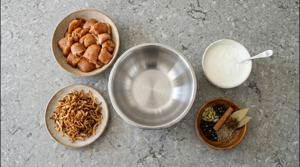 Adding yogurt and spices to the chicken in a modern pan