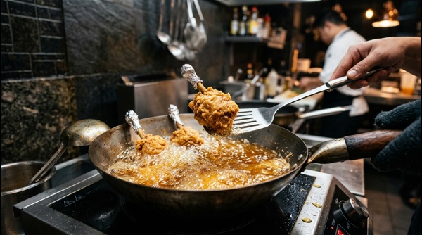 Crispy fried chicken lollipops arranged on a modern marble platter with garnish