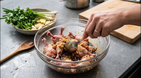Marinating chicken winglets with ginger-garlic paste and soy sauce in a modern bowl