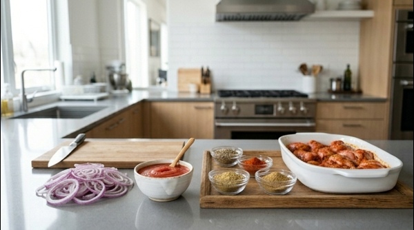 Marinated chicken pieces and sliced onions on a clean white countertop