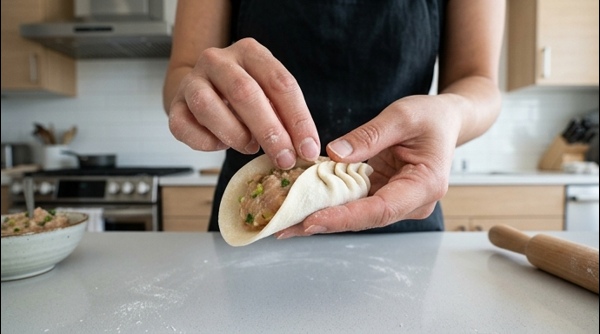 Mixing minced chicken with spices and onions for momo filling