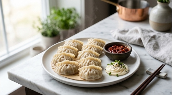 Plated street style juicy chicken momos with spicy red chutney and mayo