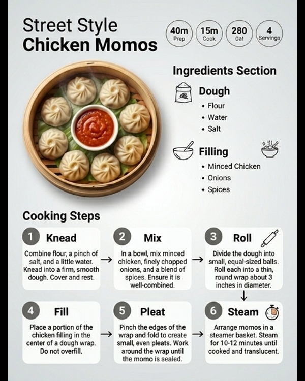 Plated street style juicy chicken momos with spicy red chutney and mayo