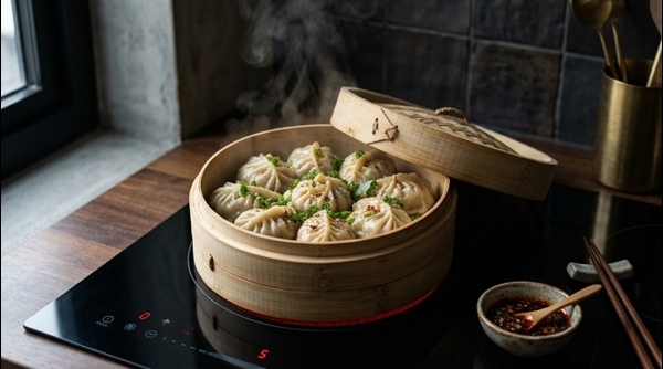 Freshly steamed chicken momos in a bamboo steamer