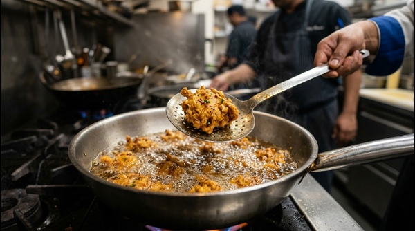 A platter of extra crispy chicken pakoras garnished with lemon and cilantro