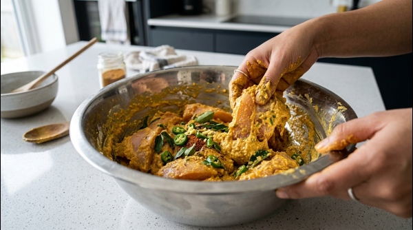 Raw chicken pieces being mixed with spices and ginger garlic paste in a bowl