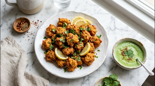 Crispy golden brown chicken pakoras served on a white plate with mint chutney