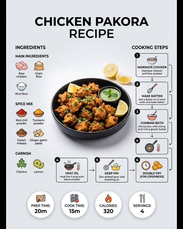 Crispy golden brown chicken pakoras served on a white plate with mint chutney