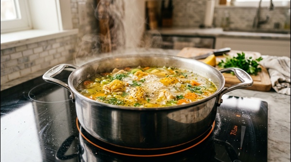 Final simmering stage of chicken soup in a modern pot