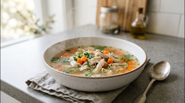 A steaming bowl of healthy chicken soup with fresh herbs