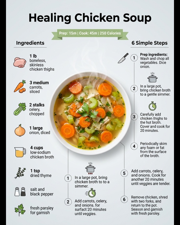 A steaming bowl of healthy chicken soup with fresh herbs