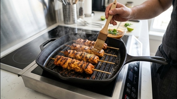 A platter of finished chicken tikka with mint chutney and lemon