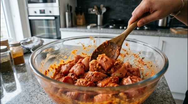 Mixing red spices and yogurt with chicken cubes in a glass bowl