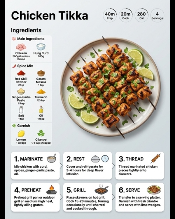 Succulent red chicken tikka pieces served on a plate with lime and onions