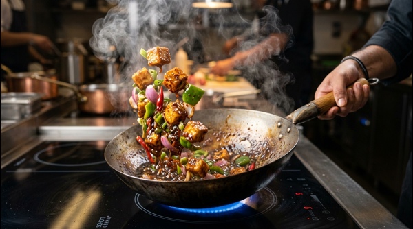 Paneer cubes being tossed in a dark spicy sauce in a wok