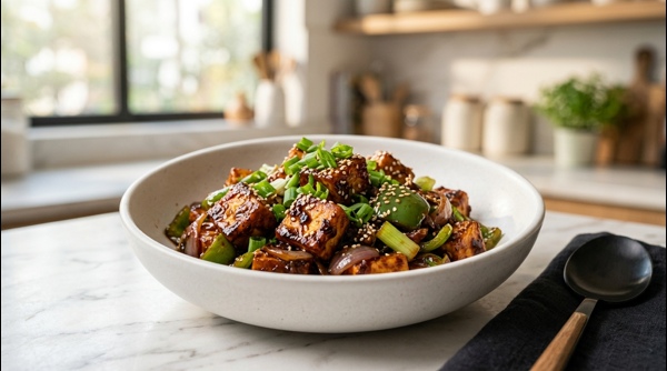 Better than restaurant chilli paneer served in a white bowl