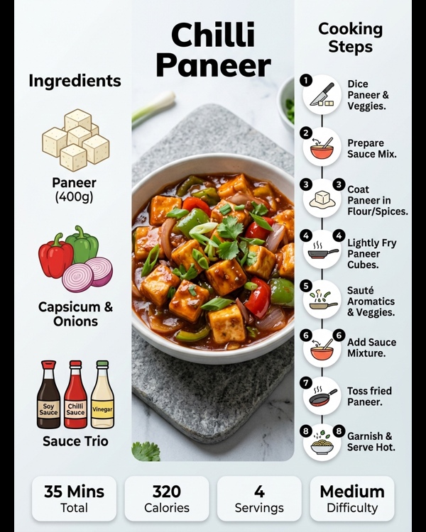 Better than restaurant chilli paneer served in a white bowl