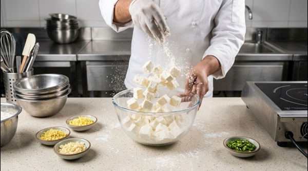 Cubed paneer being tossed in cornflour in a modern kitchen