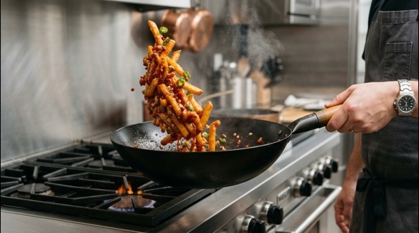 Tossing crispy potatoes in a vibrant red chilli sauce in a professional wok