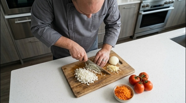 Finely dicing onions and garlic on a white marble countertop