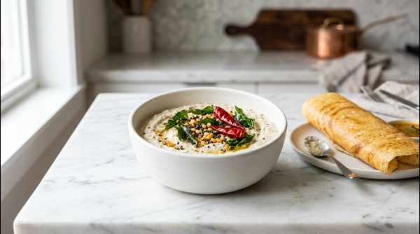 South Indian coconut chutney in a white bowl with tempering on top