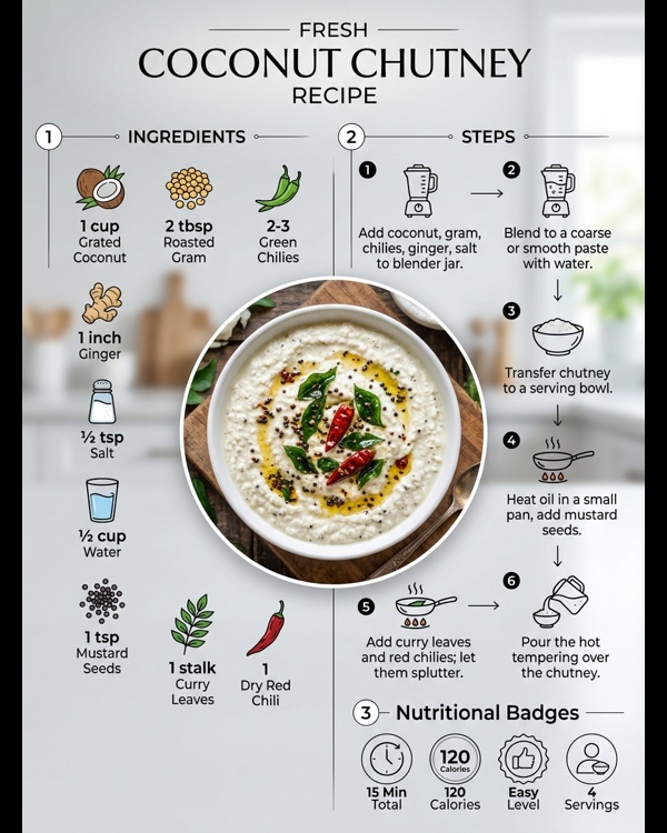 South Indian coconut chutney in a white bowl with tempering on top