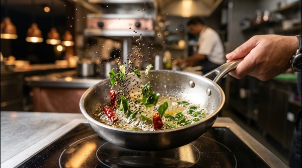 Pouring hot tempering over fresh coconut chutney