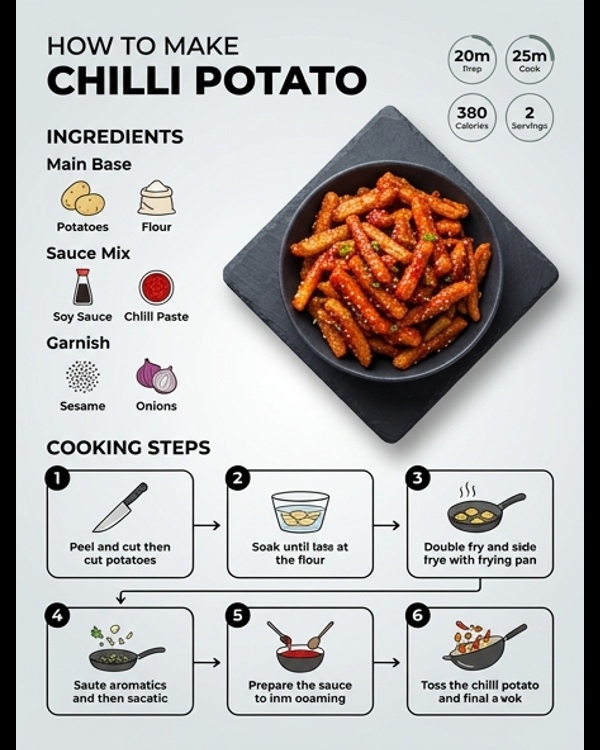 A plate of crispy Chilli Potato garnished with sesame seeds and spring onions