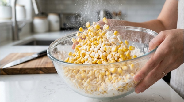 Coating sweet corn kernels with cornflour and spices