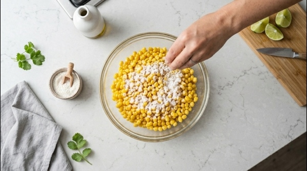 Sweet corn kernels being tossed in white flour inside a glass bowl