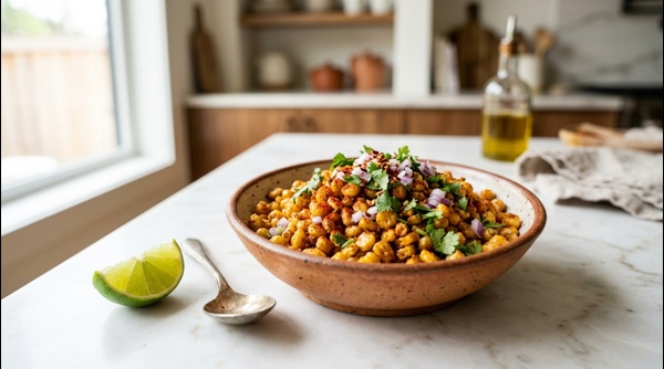 Golden crispy corn served in a bowl with lime and cilantro