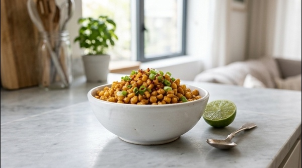 A bowl of golden crispy corn garnished with green onions and spices