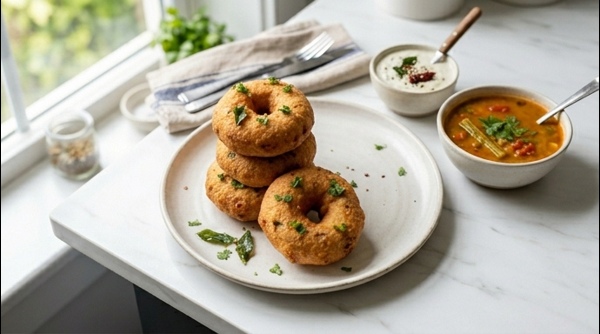 A plate of crispy golden brown Medu Vada served with fresh coconut chutney and spicy sambar