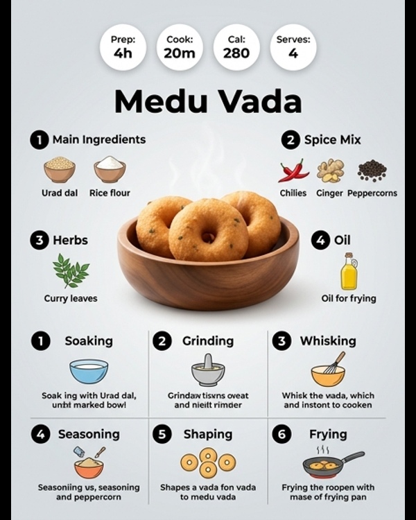 A plate of crispy golden brown Medu Vada served with fresh coconut chutney and spicy sambar