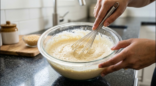 Grinding soaked lentils into a smooth thick paste for dahi bhalla
