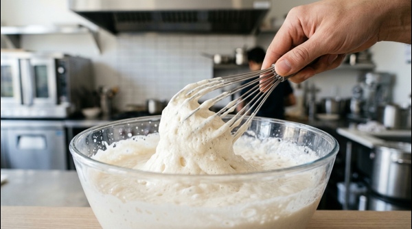 Whisking the white urad dal batter in a modern glass bowl